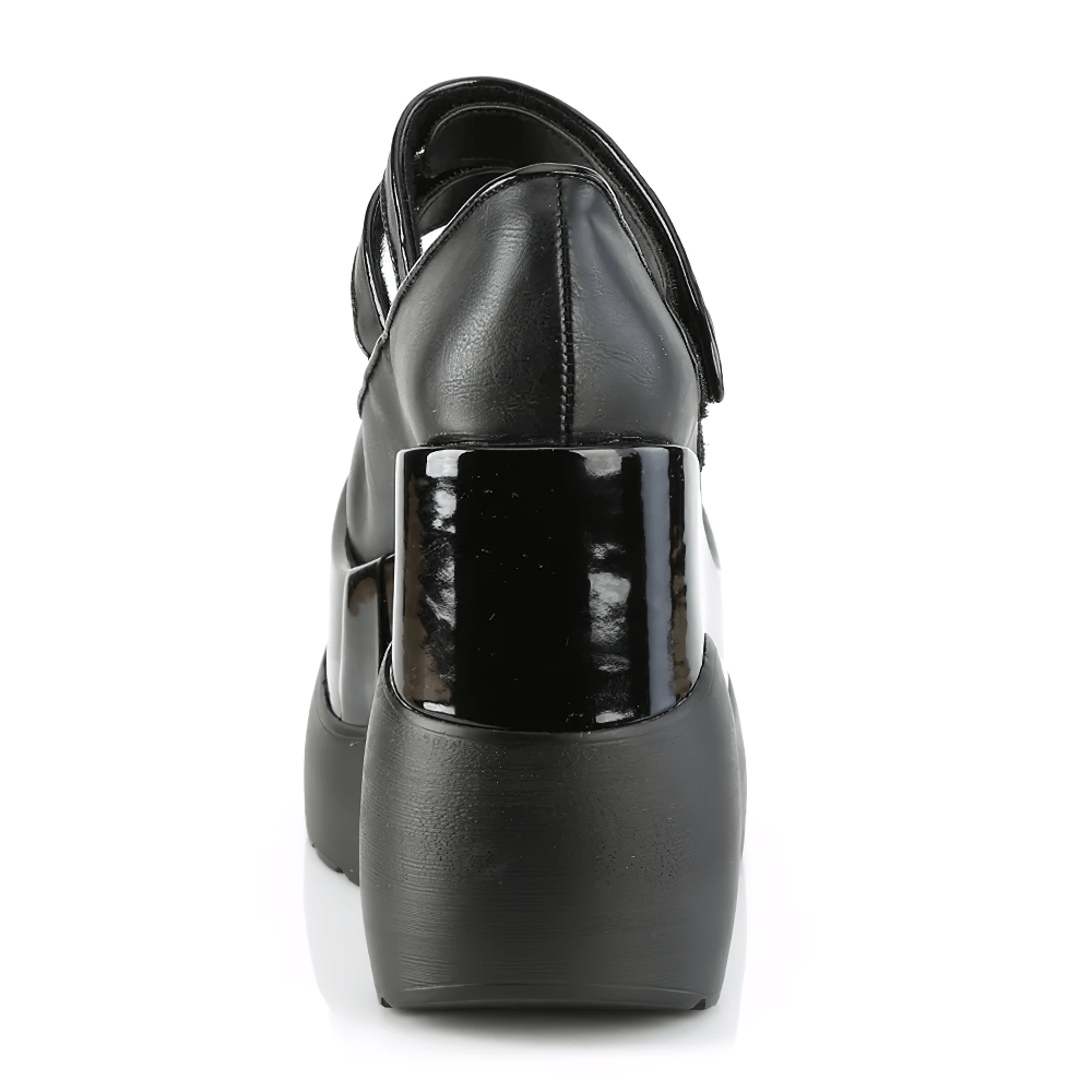 Back view of DEMONIA Tiered Platform Mary Jane Shoes with dual straps and glossy black finish.