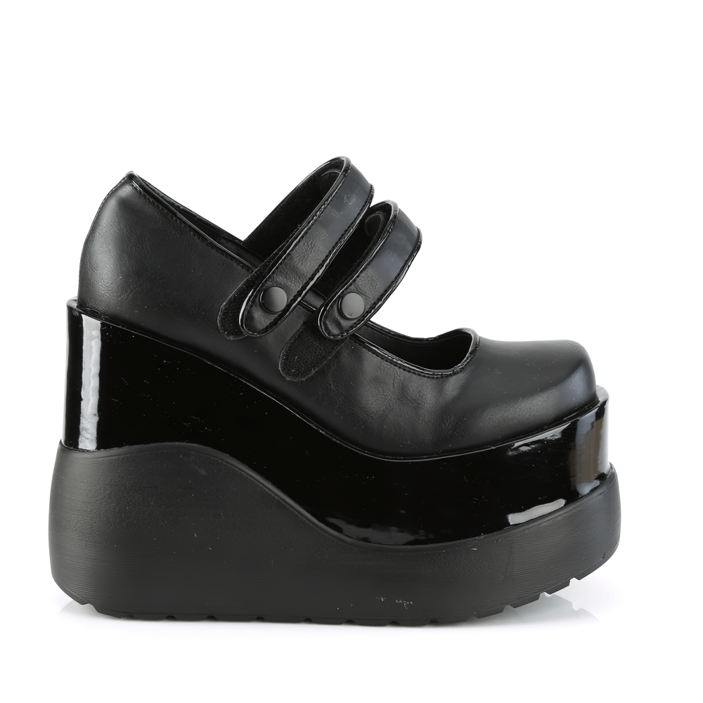 Demonia tiered platform Mary Jane shoes with dual straps in sleek black patent finish.