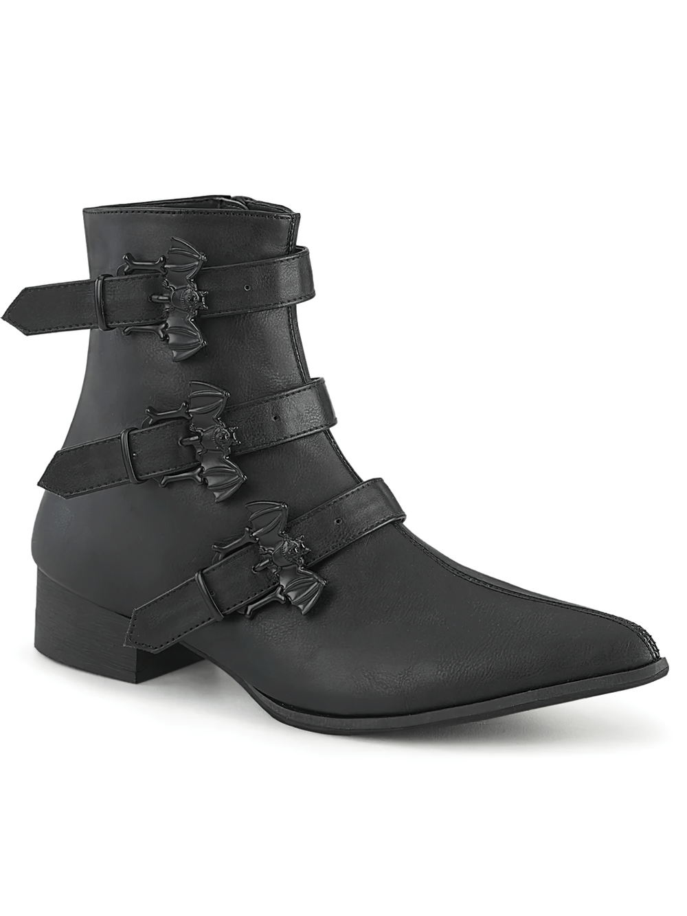 Pointed toe black vegan leather boots with triple bat buckle straps for a gothic style.