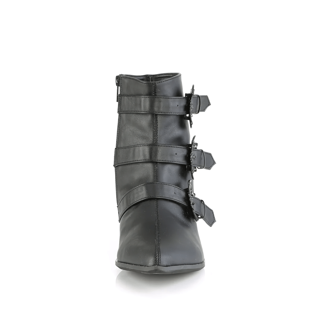 Front view of Demonia Triple Bat Buckle Vegan Winklepicker Boots with a pointed toe and triple buckle straps.