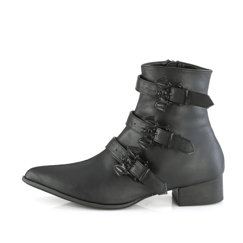 Gothic black vegan ankle boots with triple bat buckle straps and pointed toe, perfect for nightlife.