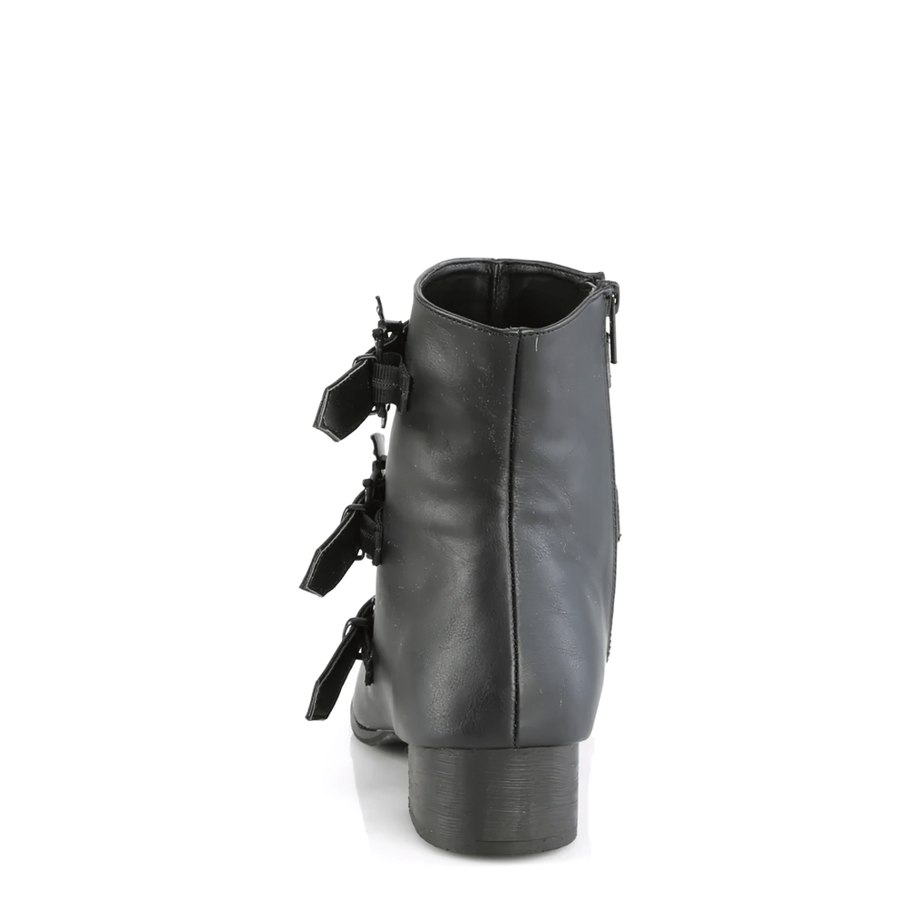 Back view of Demonia Triple Bat Buckle Vegan Winklepicker Boots, showcasing triple buckle details and block heel.
