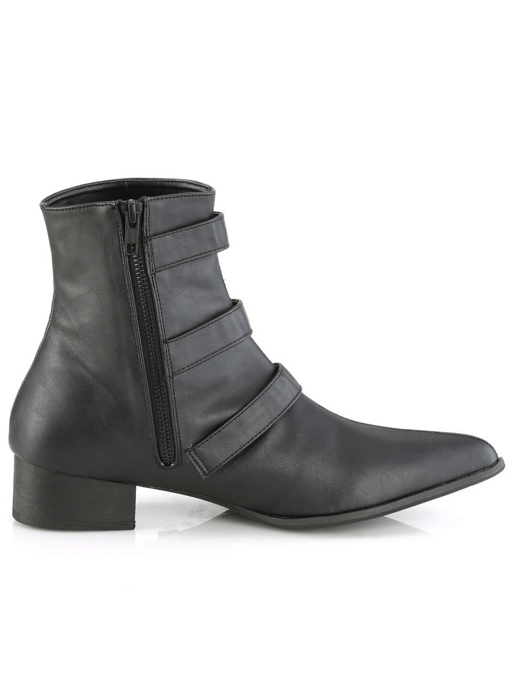 Demonia vegan winklepicker ankle boots with triple bat buckle straps and pointed toe, perfect for gothic style.