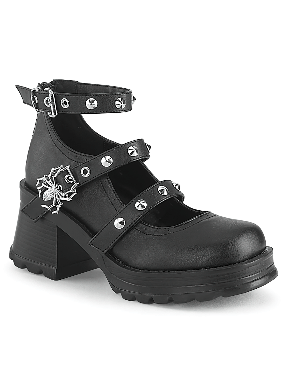 Chic black vegan leather Mary Jane pumps with chunky heel, studded straps, and unique spider buckle detail.