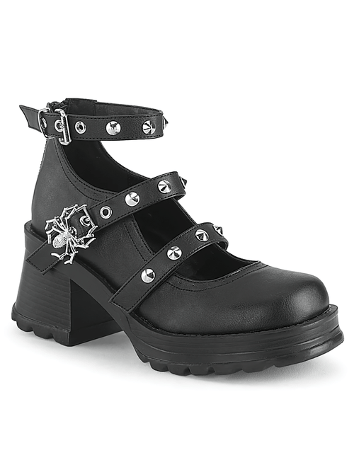 DEMONIA Triple Strap Chunky Heel Mary Janes with Studs