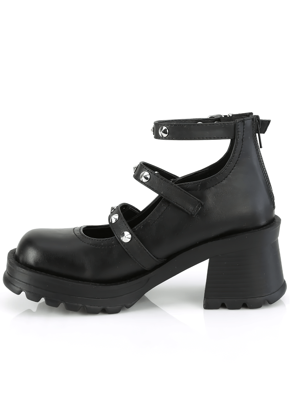 Daring Demonia Triple Strap Chunky Heel Mary Janes with studs and spider buckle in black vegan leather.