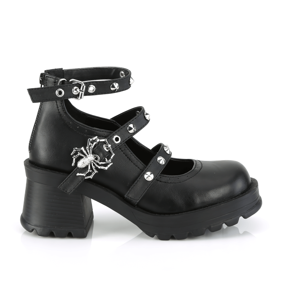 Chic black vegan leather Mary Jane pumps with spider buckle and chunky heel, perfect for a bold punk-rock look.
