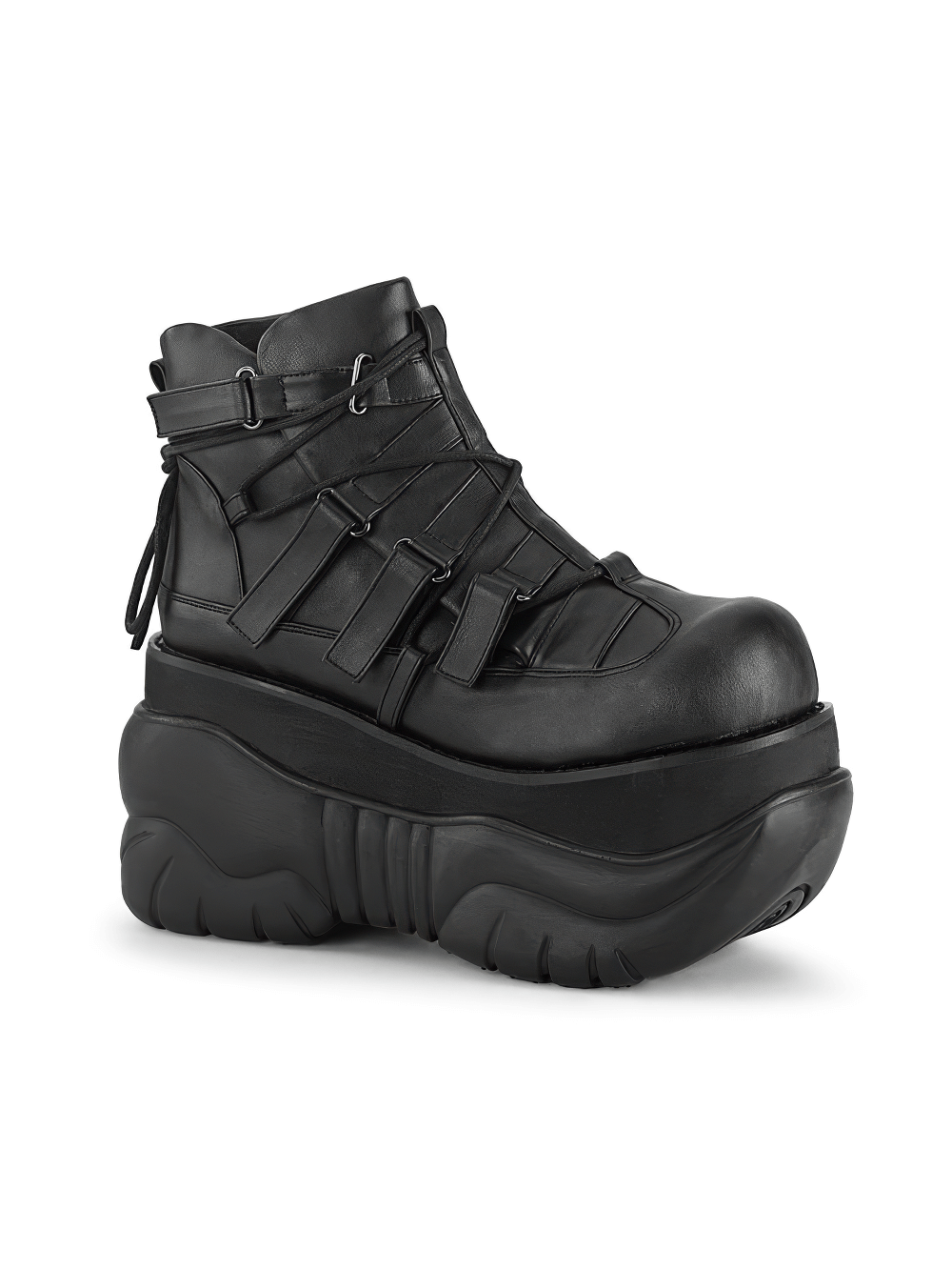 Demonia unisex black ankle bootie with hook straps and 4" platform, perfect for a bold Gothick style.