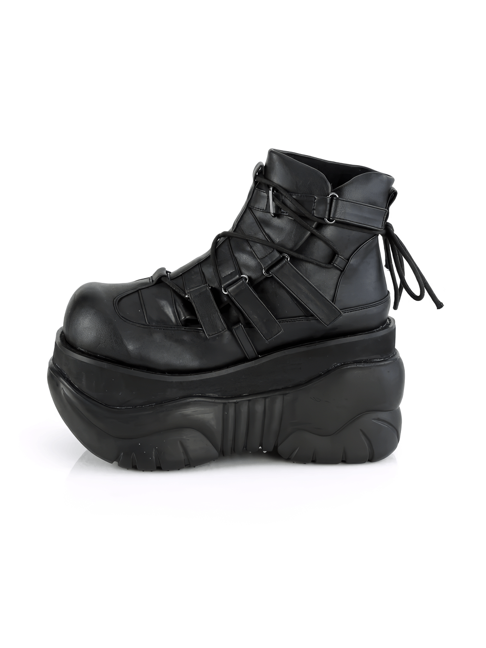 Chic Demonia unisex black ankle bootie with hook straps and 4" platform, perfect for bold urban style and vegan-friendly.