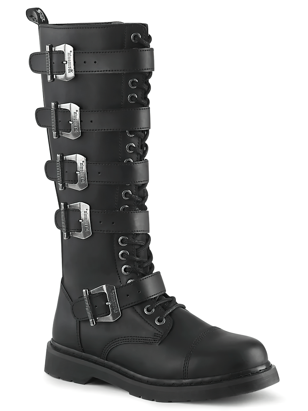 Demonia unisex black knee high combat boot with five adjustable buckle straps and lace-up design.