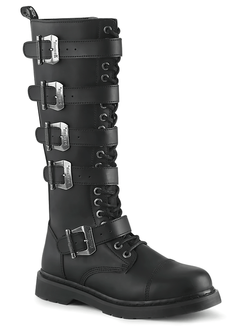 DEMONIA Unisex Black Knee High Combat Boot with Buckles