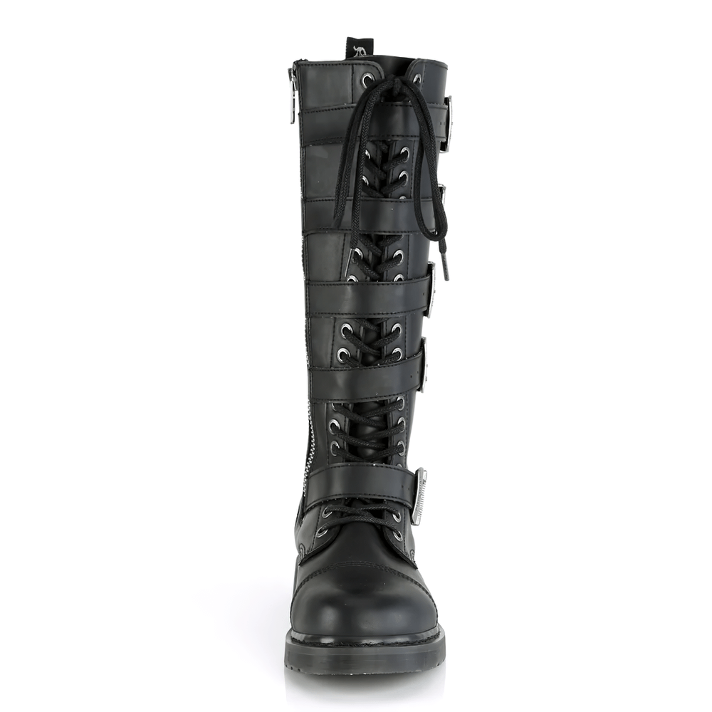 Demonia unisex black knee-high combat boot with five adjustable buckle straps and zip closure.