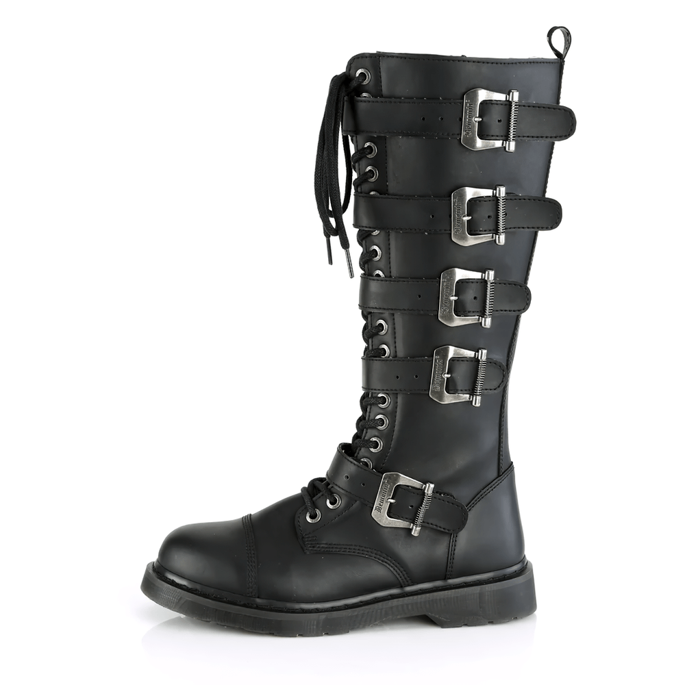 Demonia unisex black knee high combat boot with five adjustable buckles and lace-up design.