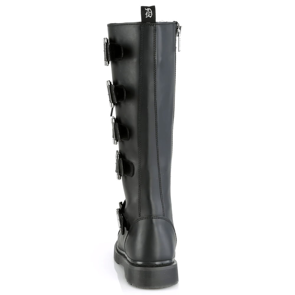 DEMONIA Unisex Black Knee High Combat Boot with Buckles
