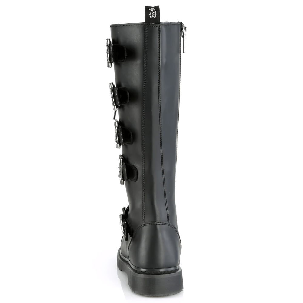 Back view of DEMONIA unisex black knee high combat boot featuring five adjustable buckle straps.