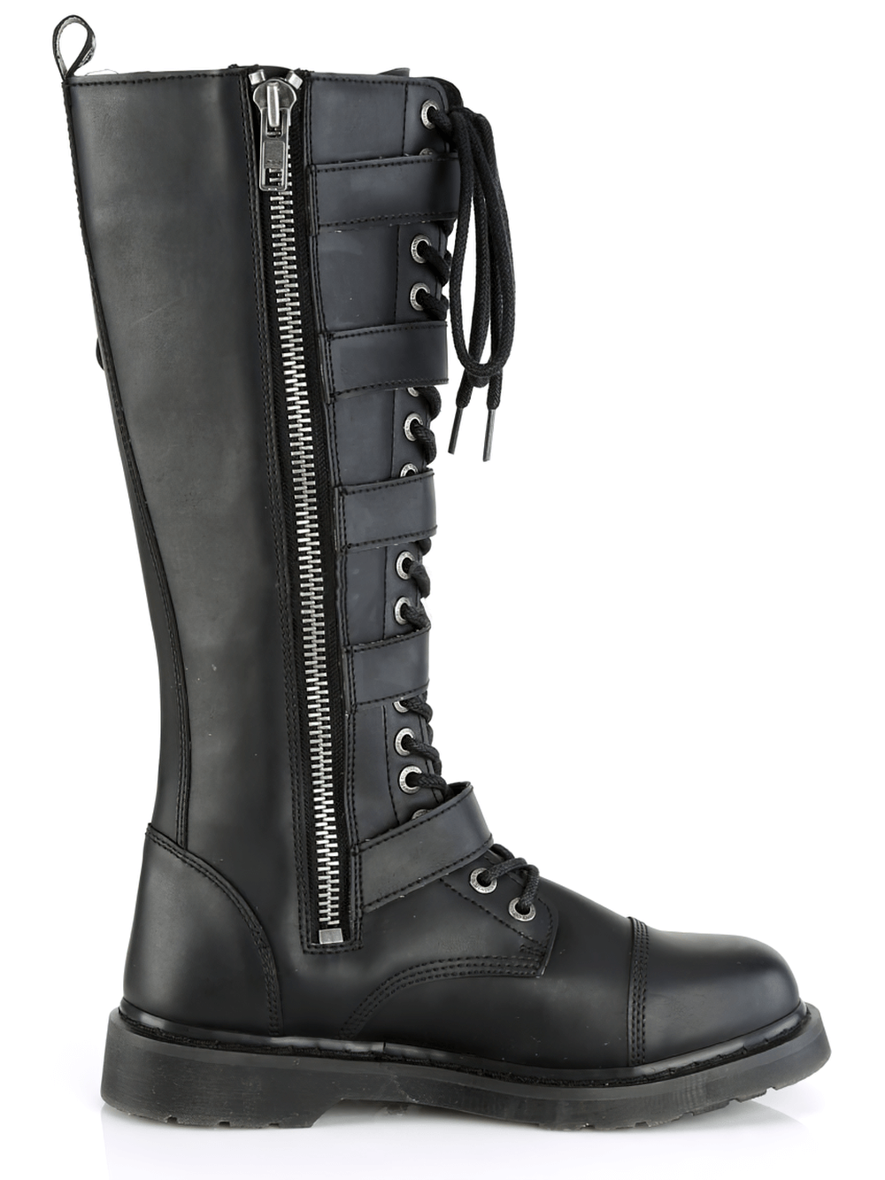 Stylish unisex black knee-high combat boot with buckles and zipper detail for punk-inspired fashion.