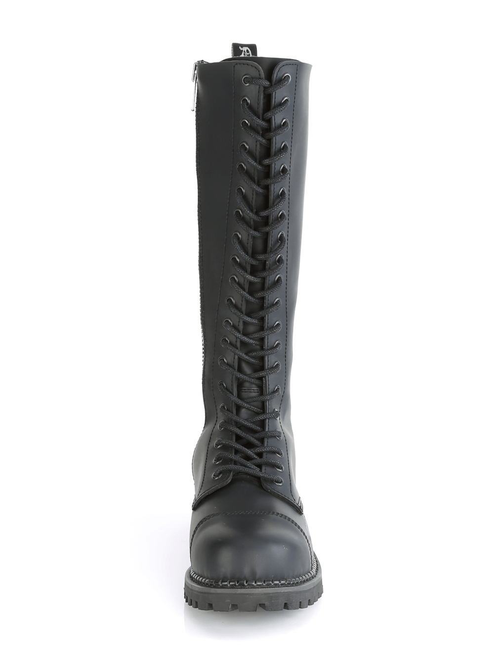 Demonia unisex black vegan knee-high boots featuring 20 eyelets, steel toe, and inner zipper for easy wear.