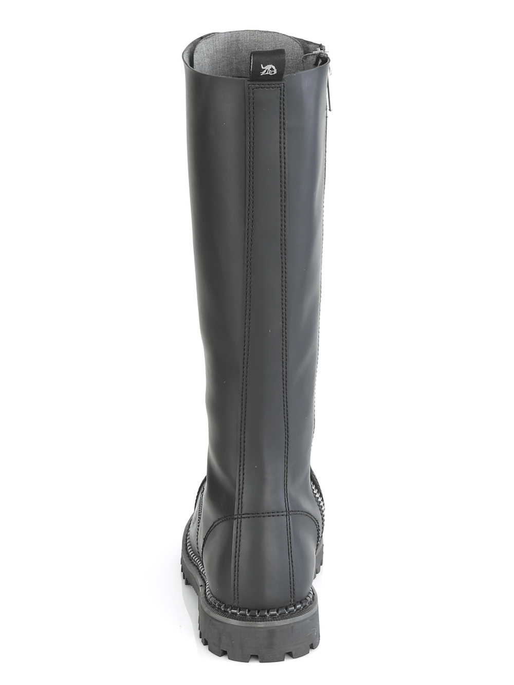 Back view of DEMONIA unisex black vegan knee-high boots with inner zipper and steel toe.