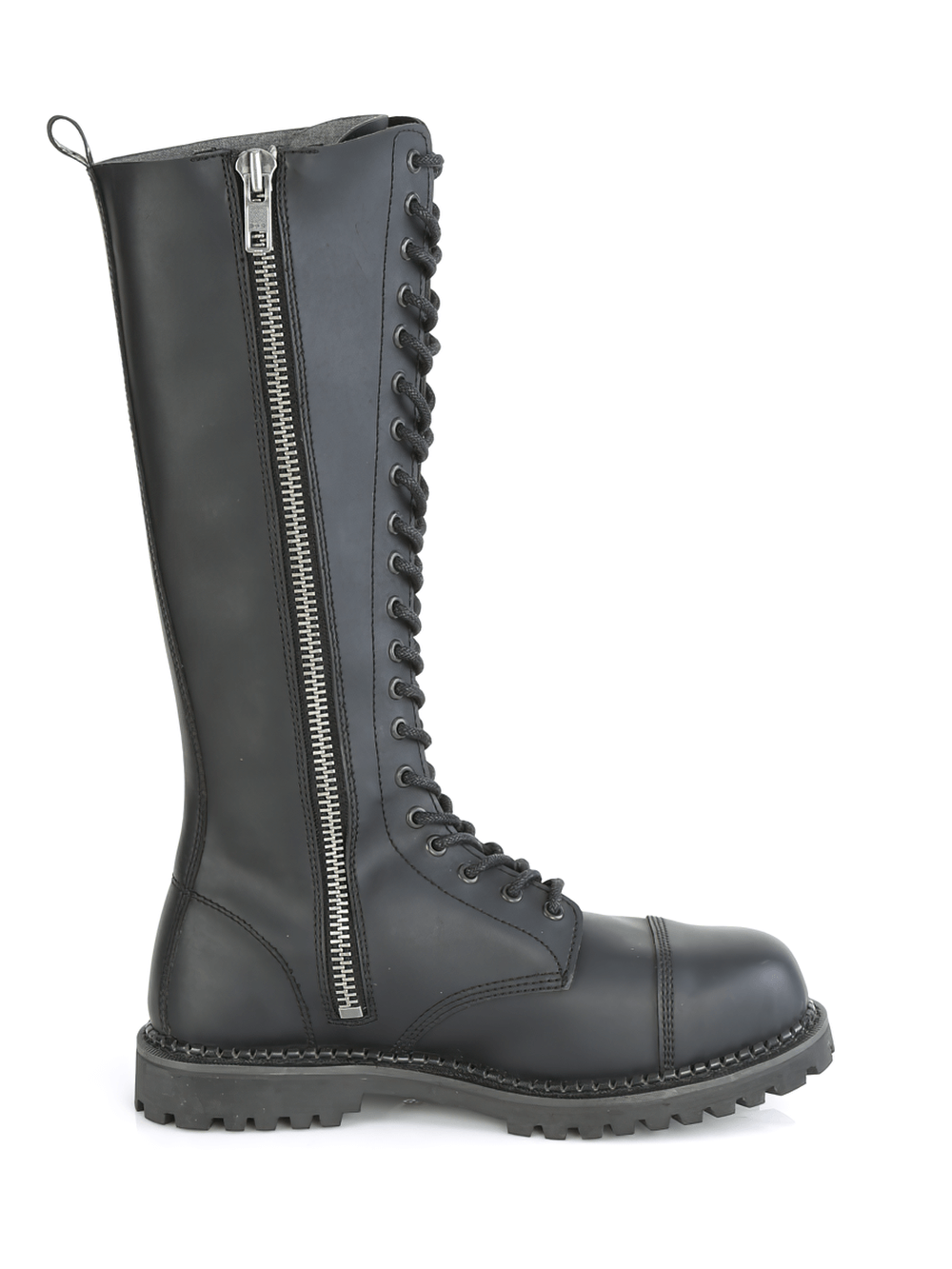 Demonia unisex black vegan lace-up steel toe knee-high boot with inner zipper and durable rubber sole.