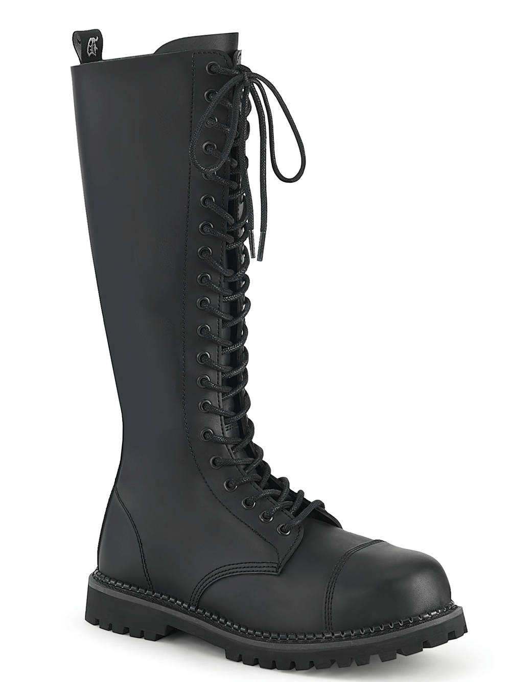 Demonia unisex black vegan lace-up steel toe knee-high boots with 20 eyelets and inner zipper