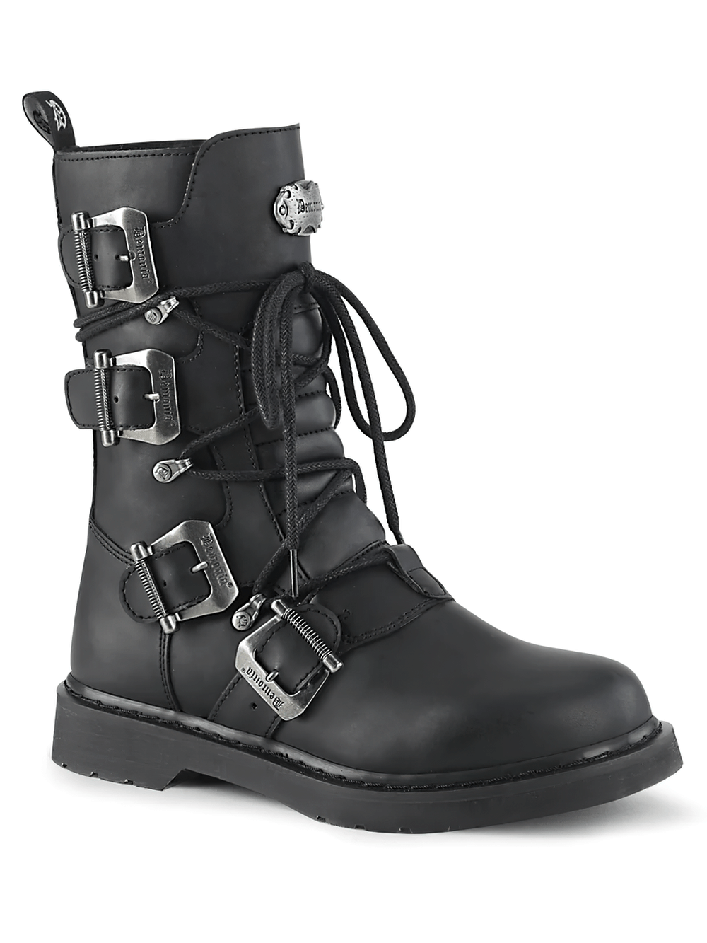 Edgy Demonia unisex mid-calf boots with lace-up front and adjustable buckles, perfect for bold vegan style.