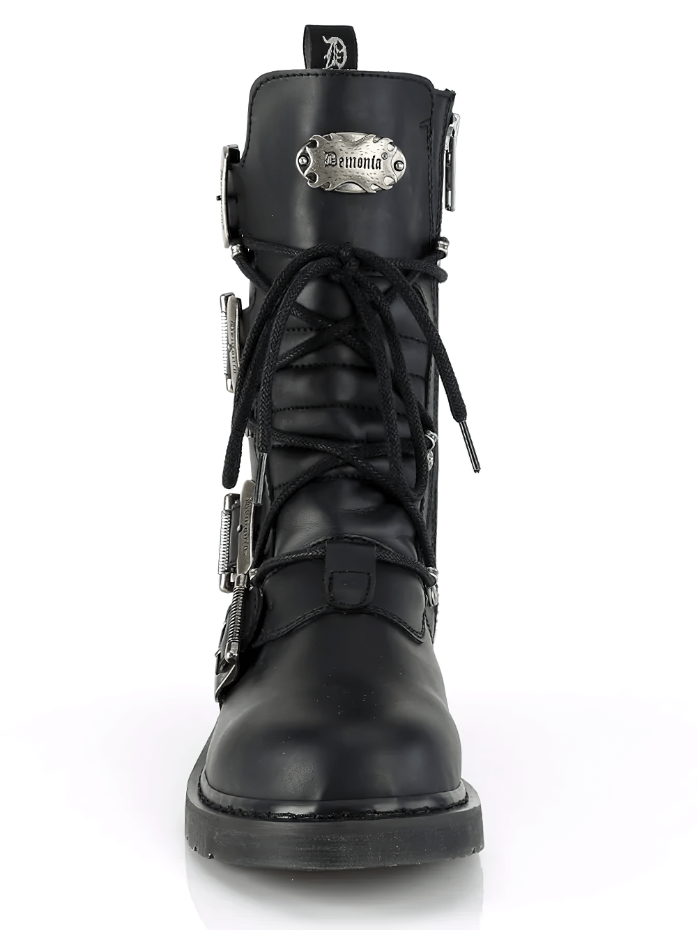 Demonia unisex mid-calf boots with lace-up front and adjustable buckles, showcasing bold vegan style.