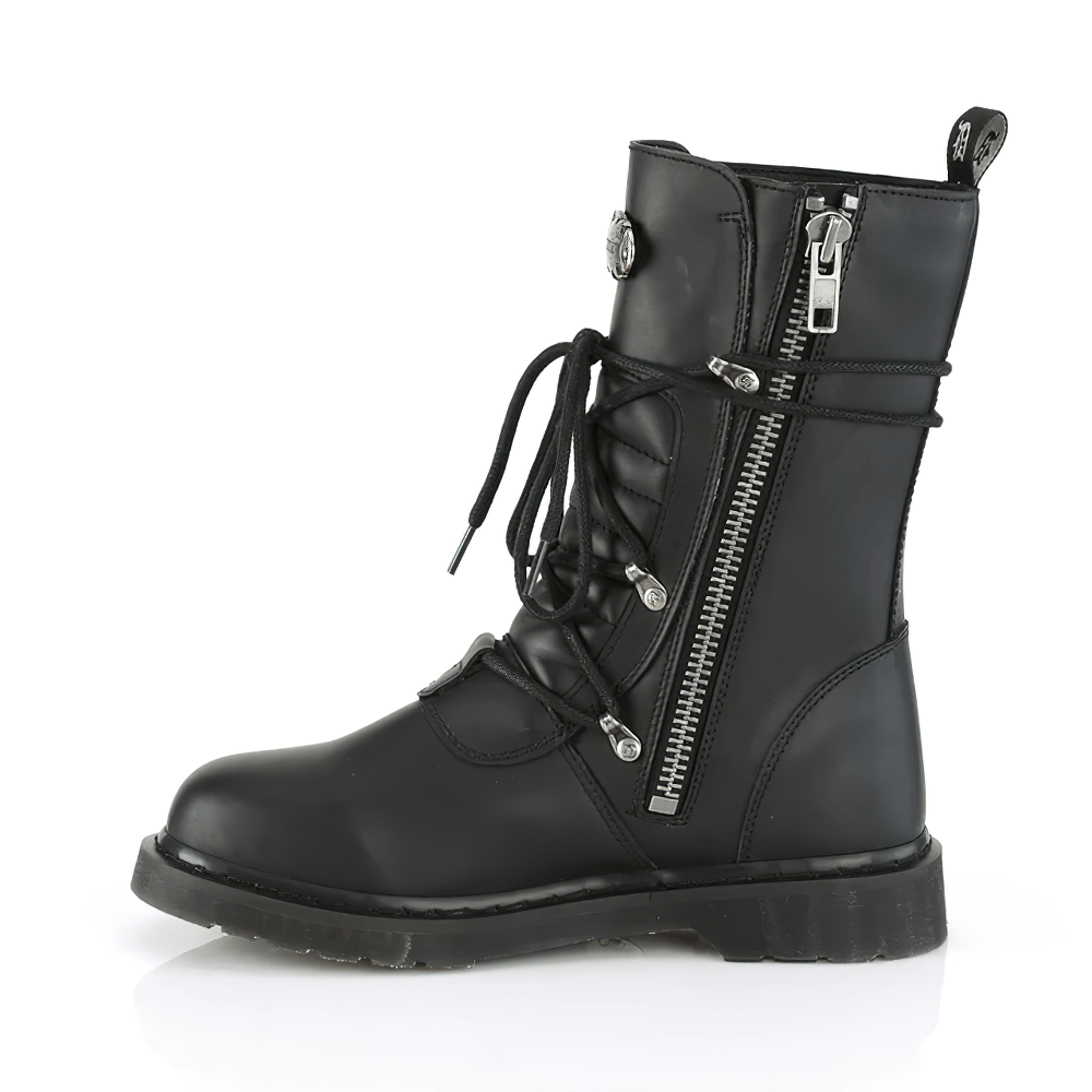 Bold vegan mid-calf Demonia boots with lace-up front, adjustable buckles, and convenient zip closure in black.