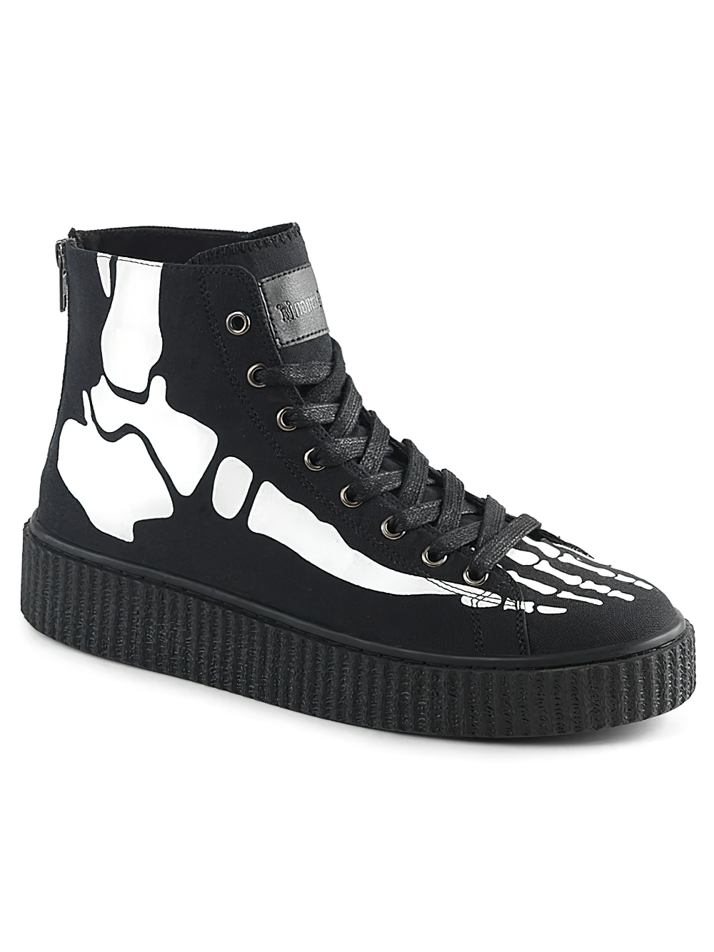 Gothic high-top platform sneakers with skeleton print and metal zipper for a trendy, eerie style.