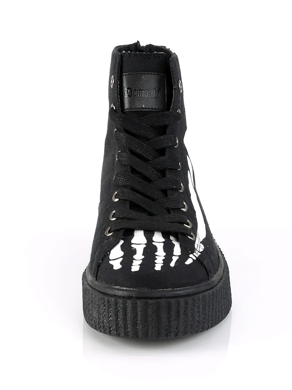 Demonia unisex gothic high-top platform sneakers with skeleton print, front view showcasing round toe and lace-up design.