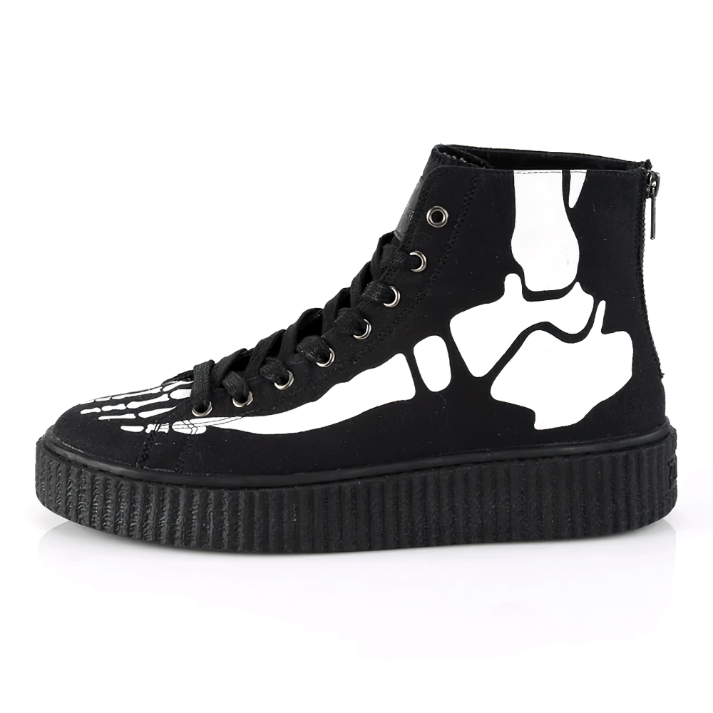 Demonia unisex gothic high-top skeleton print platform sneakers with a metal zipper and round toe.