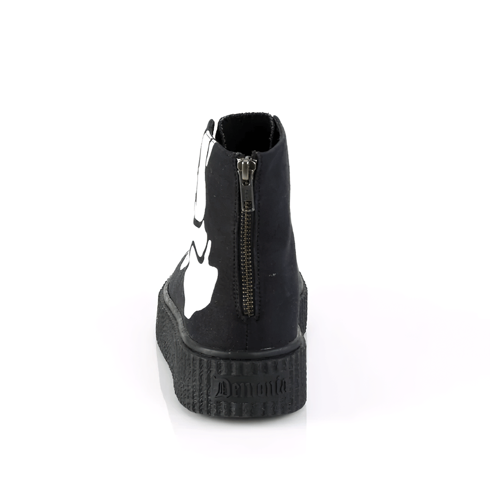 Back view of DEMONIA unisex high-top gothic platform sneakers with skeleton print and metal zipper.