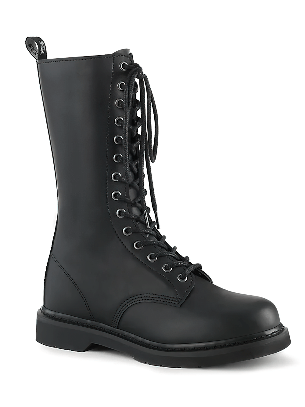 Demonia unisex mid-calf lace-up black vegan leather boots with 14 eyelets and back pull-tab.