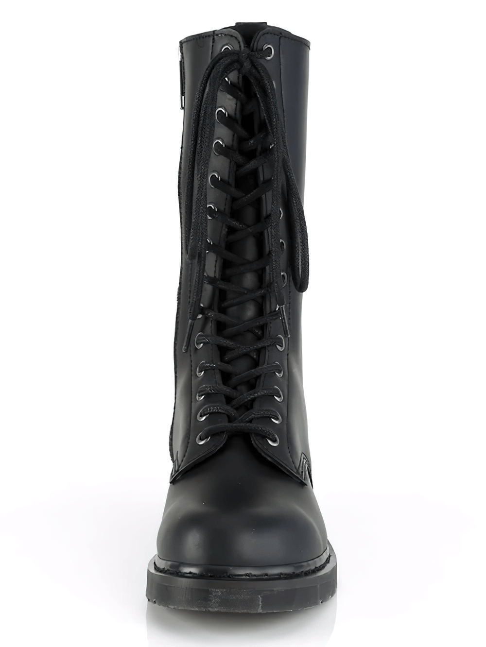 Front view of DEMONIA unisex black mid-calf lace-up boots made of vegan leather with 14 eyelets.