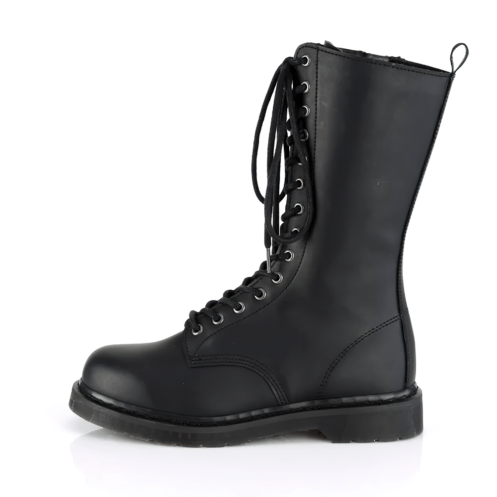 Demonia unisex black vegan leather mid-calf boots with 14 eyelets and lace-up design.