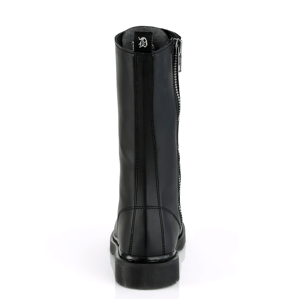 Back view of DEMONIA unisex mid-calf black vegan leather boots featuring a side zip closure and sturdy design.