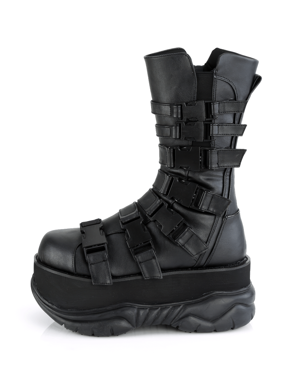 Demonia unisex mid-calf platform boots with bold straps and buckles in premium black vegan leather.