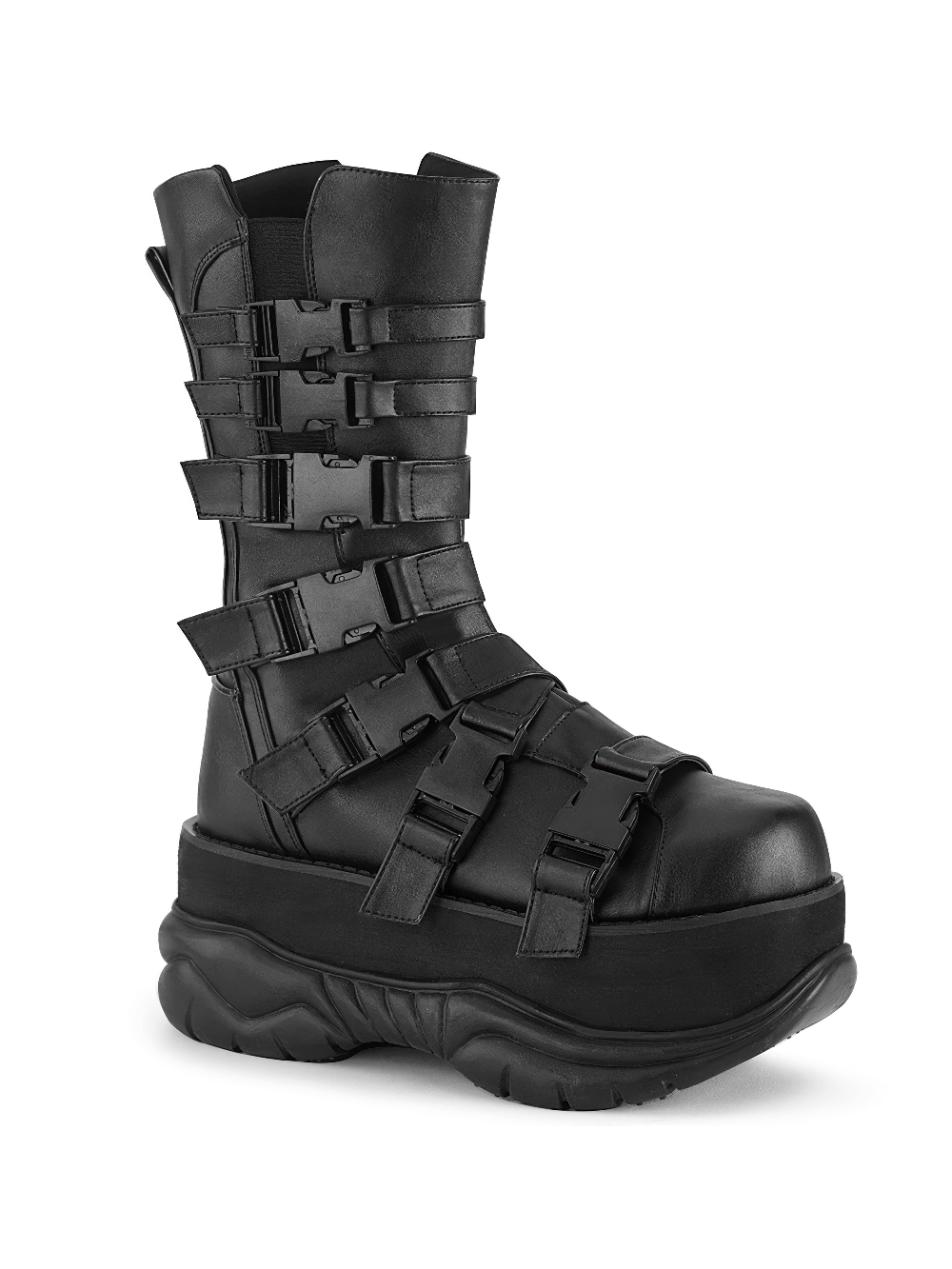 Demonia unisex mid-calf platform boots in black vegan leather with multiple straps and buckles.