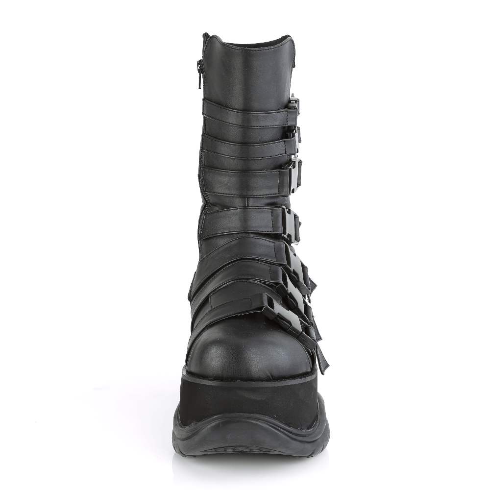 Front view of DEMONIA unisex mid-calf platform boots with straps and buckles in black vegan leather.