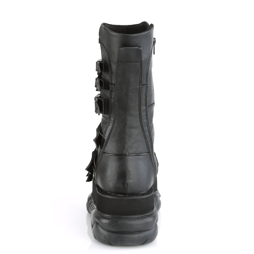 Back view of DEMONIA unisex mid-calf platform boots in black vegan leather with multiple straps and buckles.