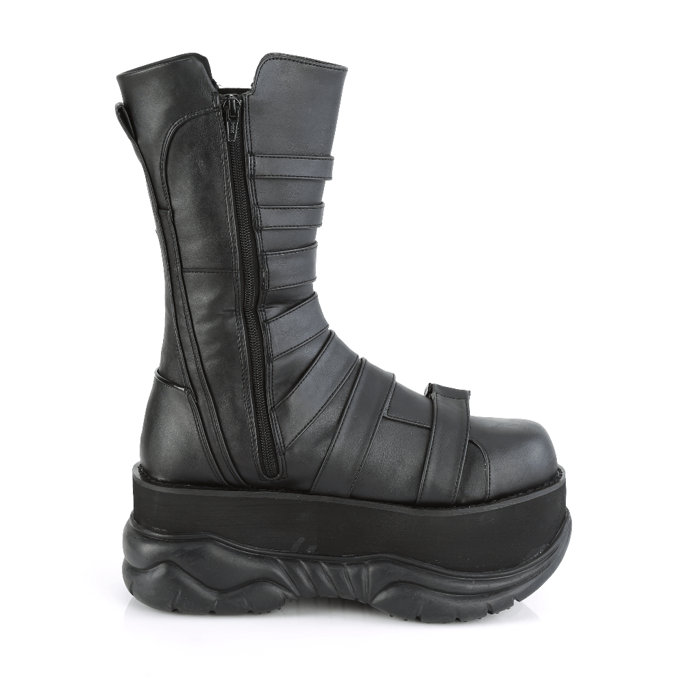 Demonia unisex mid-calf platform boots with straps and zipper in black vegan leather.