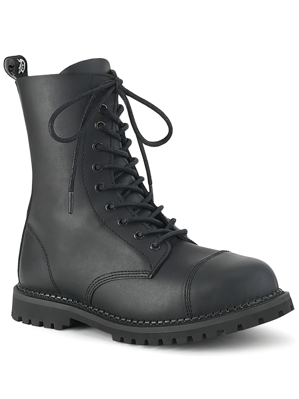 Demonia unisex vegan leather lace-up ankle boots with steel toe, durable and stylish for bold individuals.