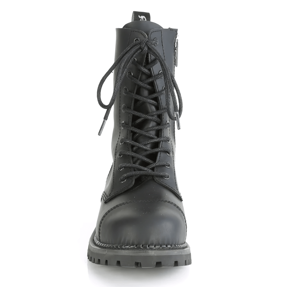 Demonia unisex vegan leather lace-up ankle boots with steel toes and rugged non-slip sole.