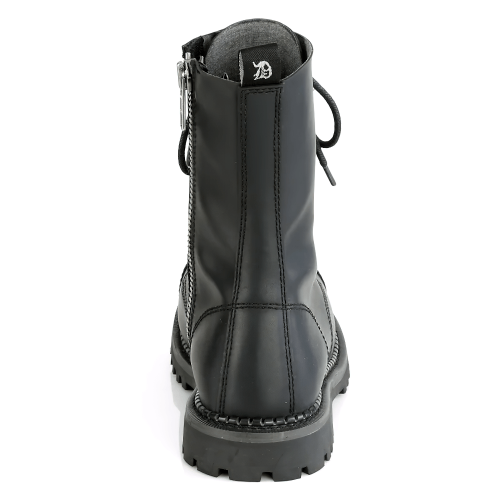 Back view of DEMONIA unisex vegan leather lace-up ankle boots featuring a durable design and robust steel toe.