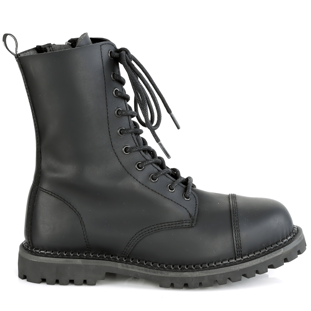 Demonia unisex vegan leather lace-up ankle boots with steel toe, durable and stylish for bold individuals.