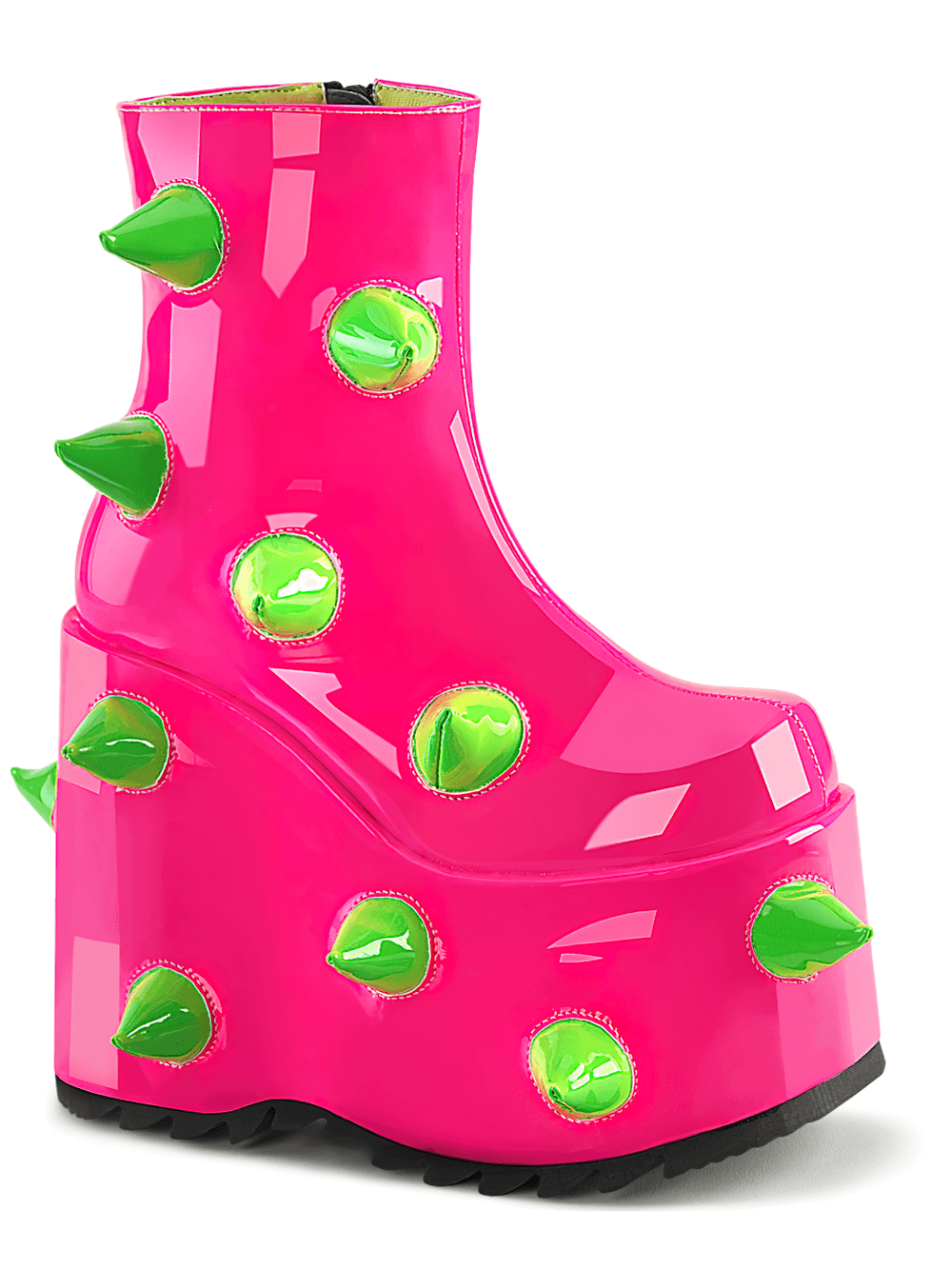 Daring Demonia UV neon pink wedge platform boots with green spikes, perfect for making a bold fashion statement.