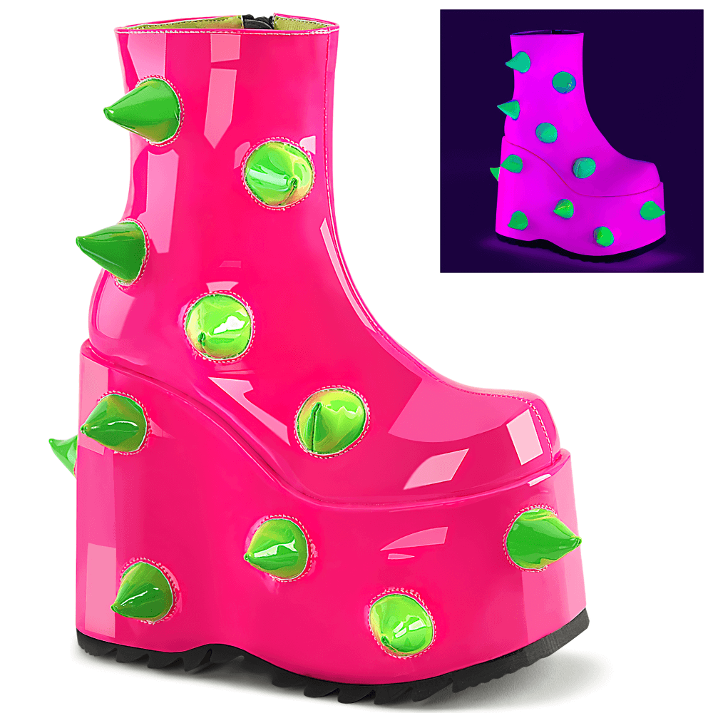 Daring Demonia UV neon pink wedge platform boots with green spikes, bold and eye-catching design.