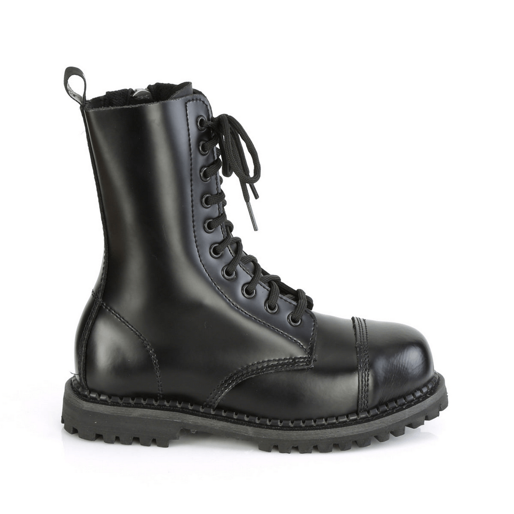 DEMONIA Vegan Leather 10-Eyelet Steel Toe Ankle Boot