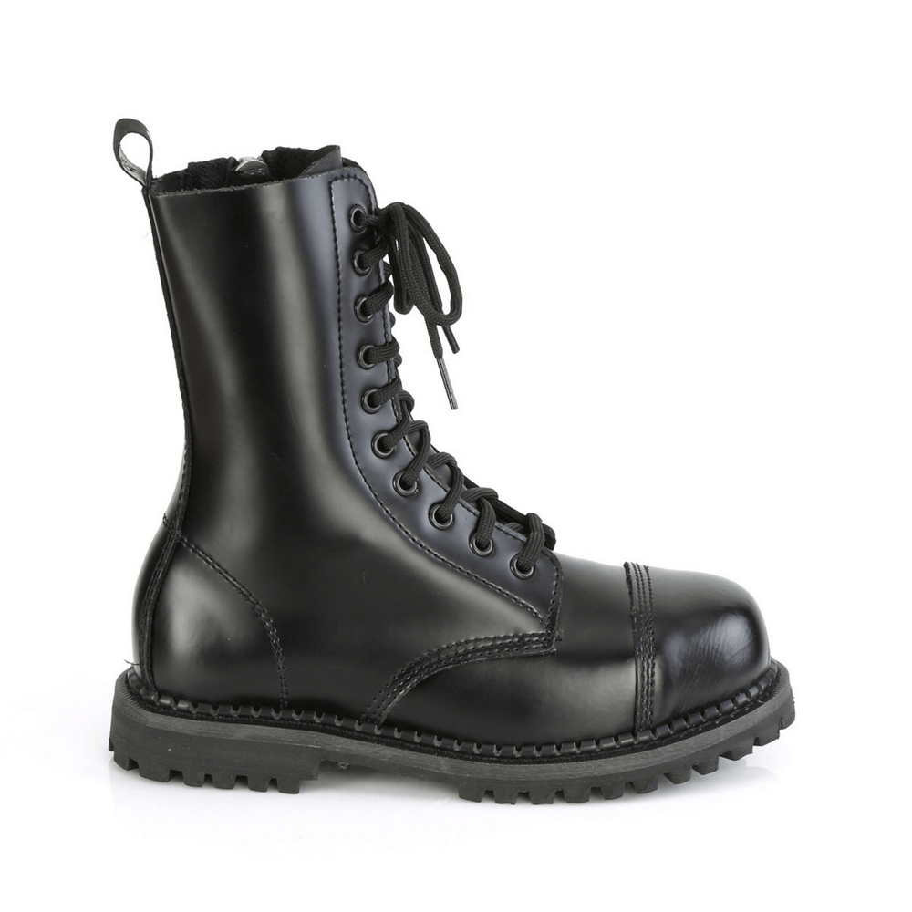 Demonia vegan leather 10-eyelet steel toe ankle boot with lace-up design and durable rubber sole.