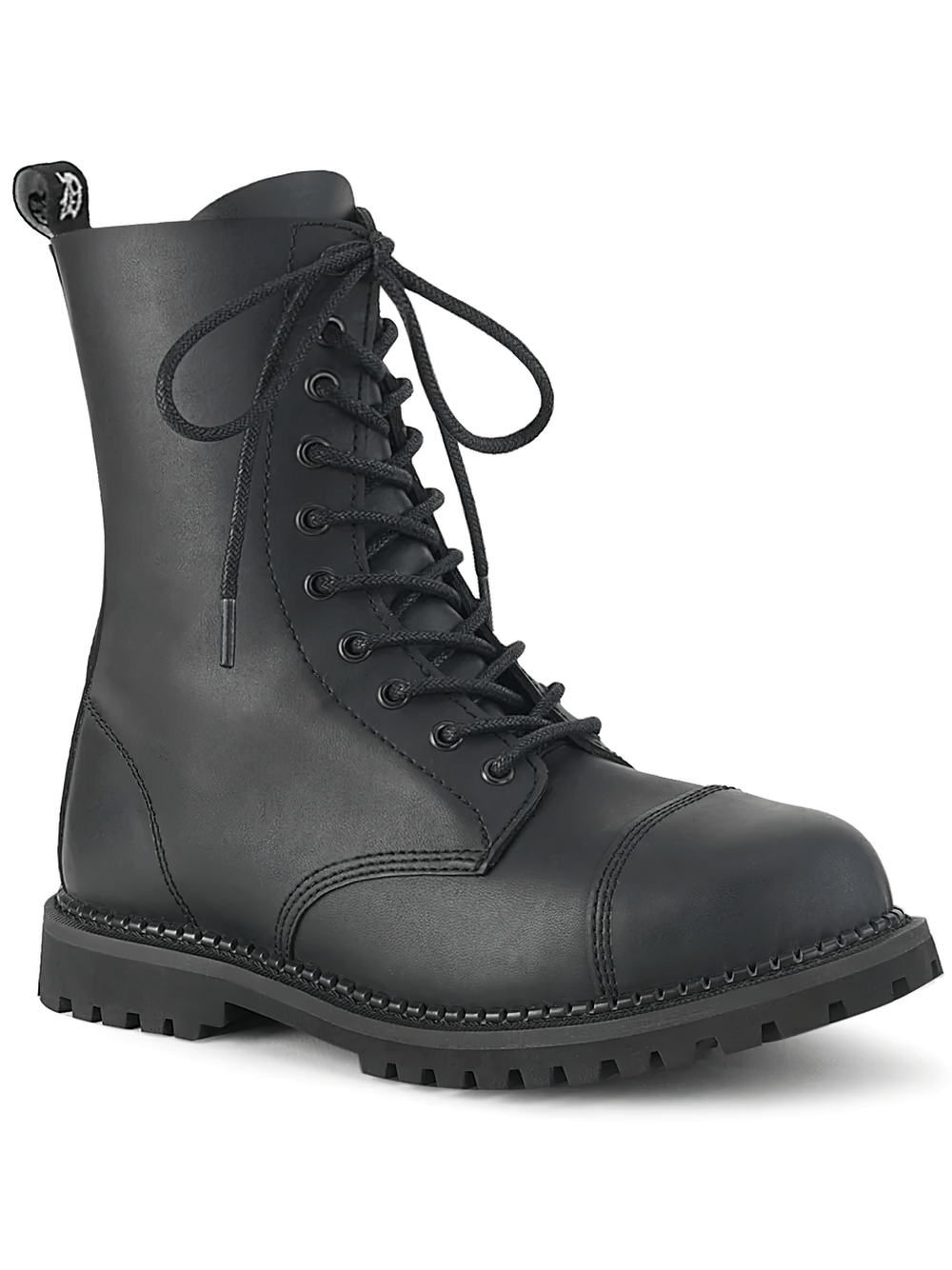 Demonia vegan leather 10-eyelet steel toe ankle boot with lace-up design and rugged sole.