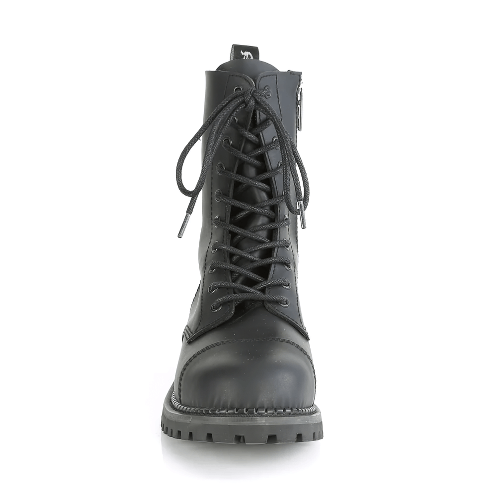 Demonia unisex vegan leather 10-eyelet steel toe lace-up ankle boot, featuring a durable design and rubber sole.